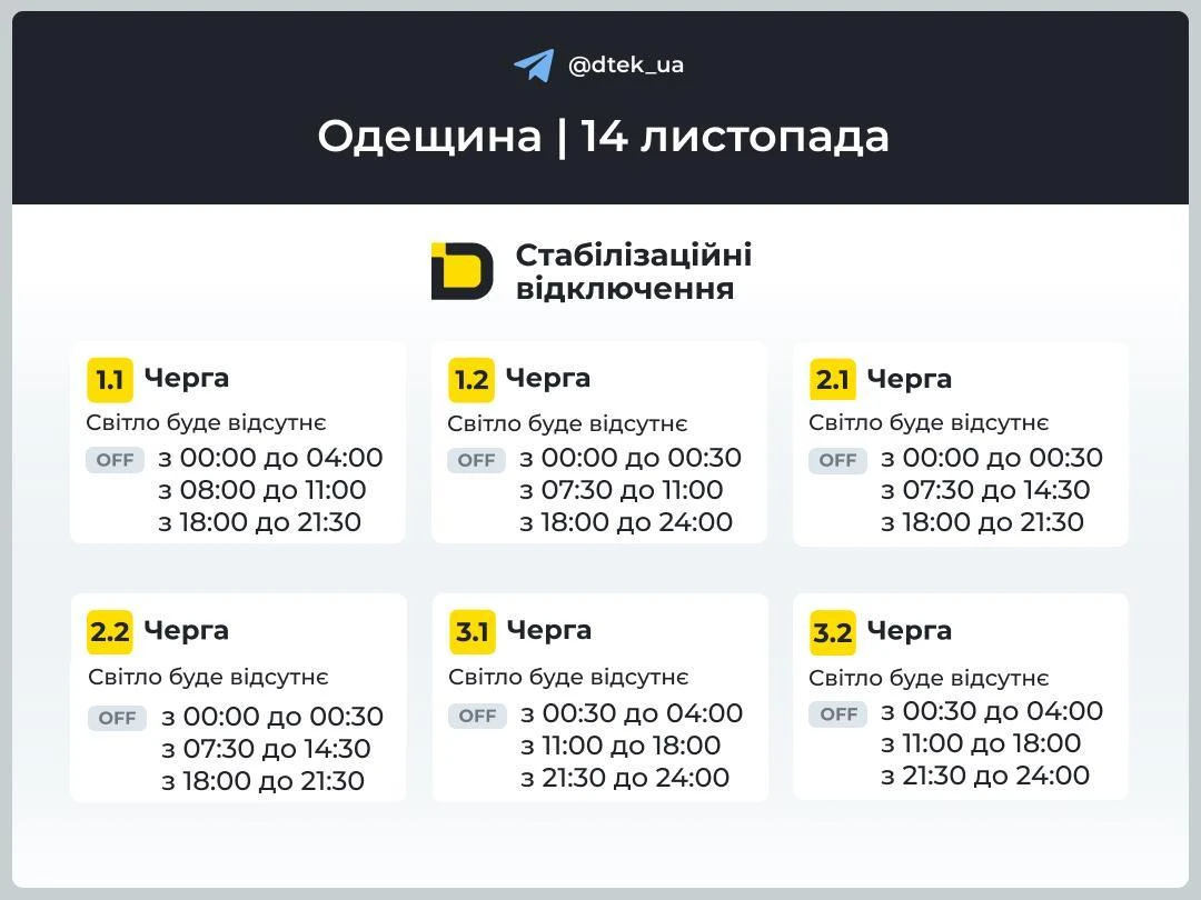 Оприлюднені графіки вимкнення електрики в Одесі та області на 14 листопада
