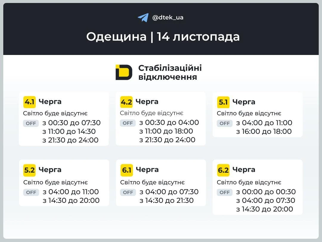 Оприлюднені графіки вимкнення електрики в Одесі та області на 14 листопада