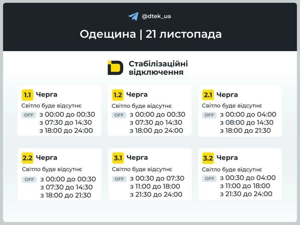 В Одеській області оприлюднили графіки вимкнень електроенергії на 21 листопада